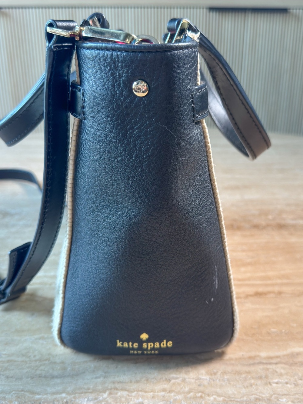 kate spade - Leo Houston Street Straw Black Cream Woven Bag with Top Handles - Picture 5 of 9